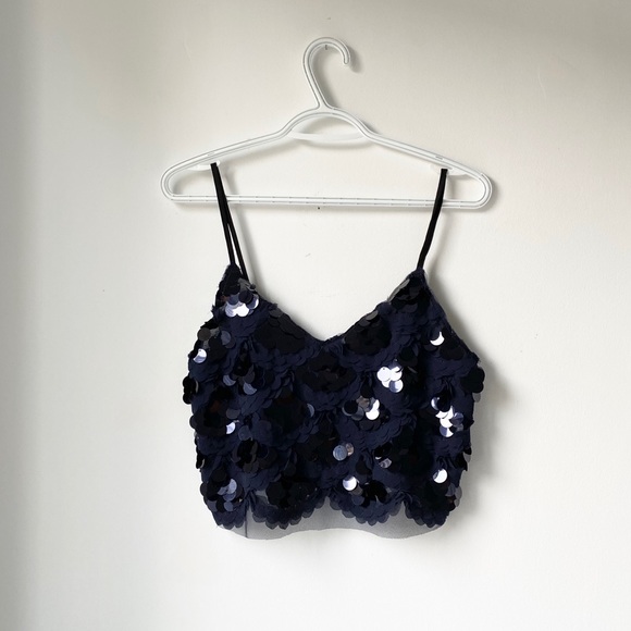 2/$20 Zara sequin and lace navy blue crop top - Picture 1 of 9